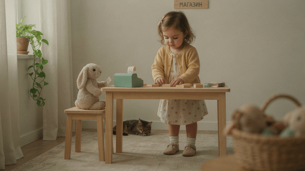ребенок играет в игру "Играем в магазин", пастельные цвета, нежные